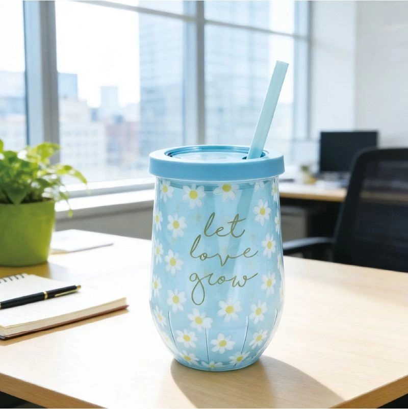 300ml Plastic Double Wall Tumbler Print Daisy With Straw And Lid suppliers