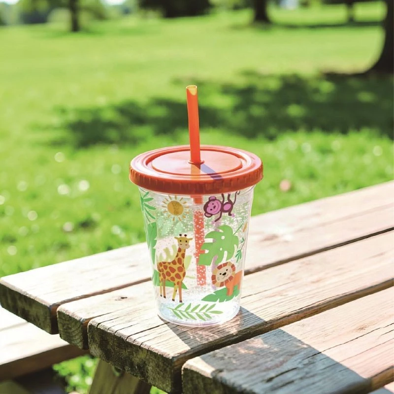 340ml Plastic Kids Safari Animal Print Tumbler With Straw And Lid factory