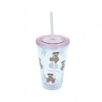 460ml Bicchiere de Plastica a Doppio Parete Stampa Orso con Paglia e Coperchio